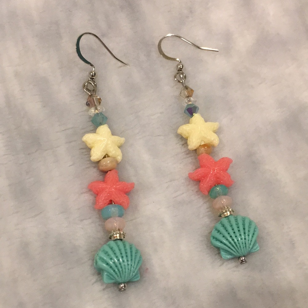 Handcrafted Starfish and Shell Beach Dangle Earrings Swarovski Crystal NWT - Picture 3 of 8